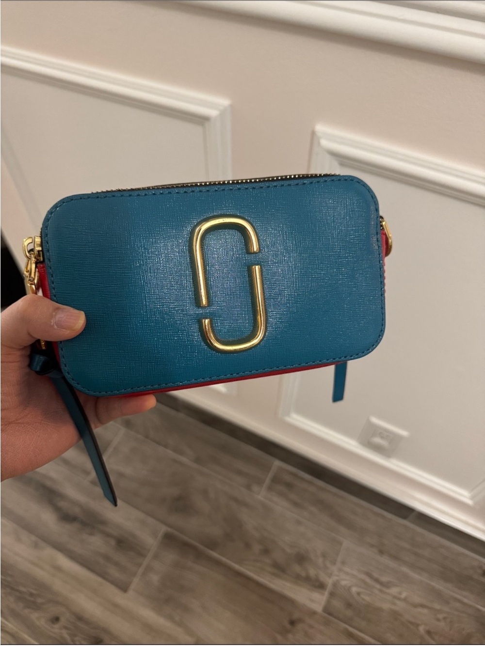 Marc Jacobs Blue and Red Snapshot Camera crossbody bag with Gold Hardware